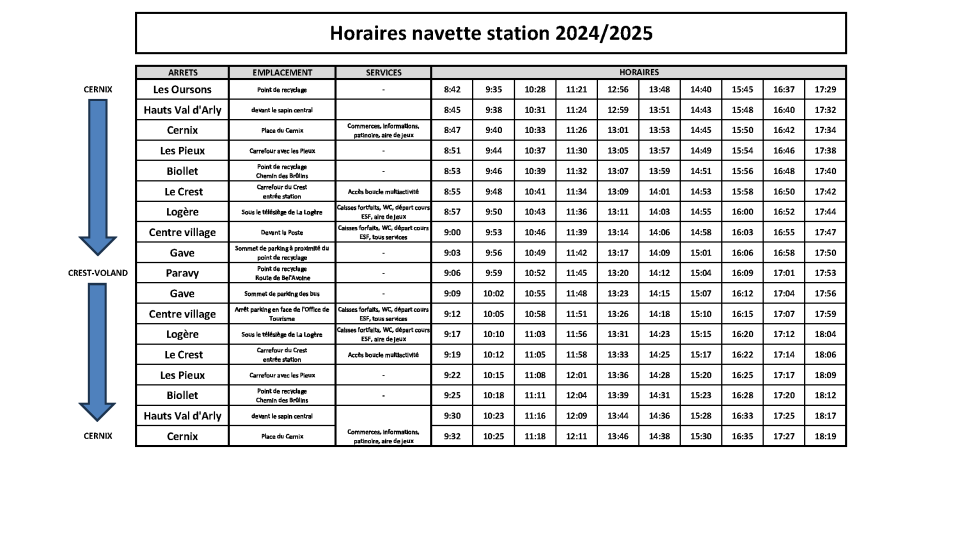 Horaires de la navette interne Crest-Voland Cohennoz