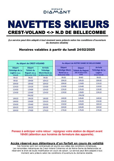 Horaires et points de passages navette CVC - NDB + Mont Rond