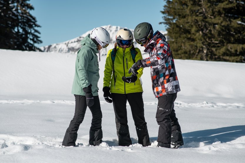 Groupe d'amis autour d'un téléphone dans un paysage enneigé